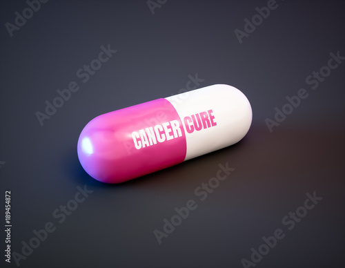 Cancer cure drug concept. Pink pill with text on black background. 3d illustration.