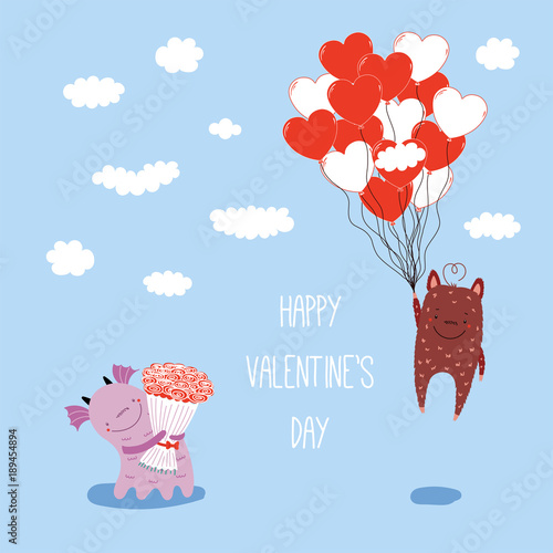 Hand drawn vector illustration of cute funny cartoon alien monsters, with romantic quote. Isolated objects on blue background. Flat style. Design concept for children, Valentines day.