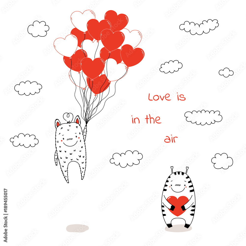 Hand drawn vector illustration of cute funny alien monsters, with romantic  quote. Isolated objects. Black and white cartoon style. Design concept for  children, Valentines day. Stock Vector | Adobe Stock