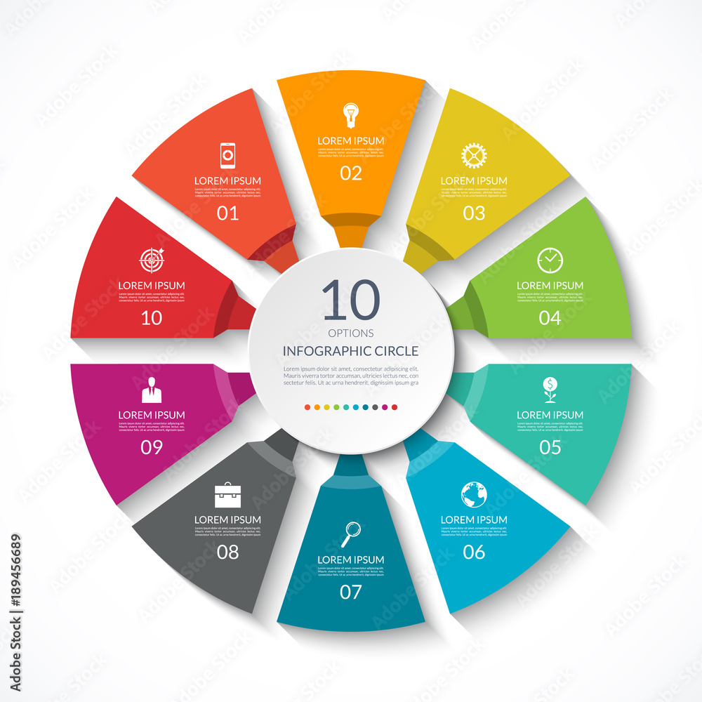 Infographic circle. Process chart. Vector diagram with 10 options. Can be used for graph, presentation, report, step options, web design. Infographic circle. Process chart. Vector diagram with 10 options. Can be used for graph, presentation, report, step options, web design.