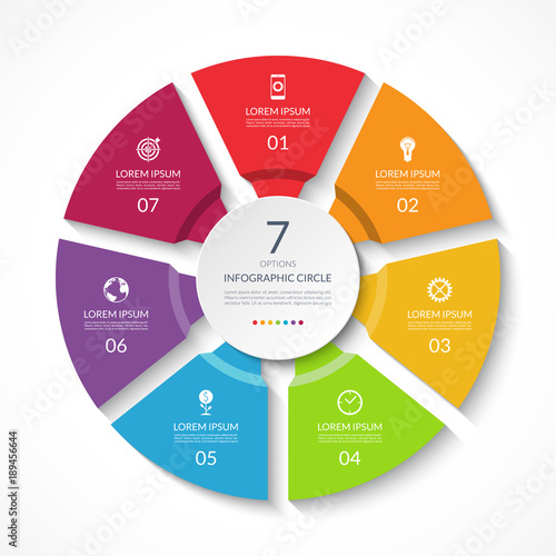 Infographic circle. Process chart. Vector diagram with 7 options. Can be used for graph, presentation, report, step options, web design.