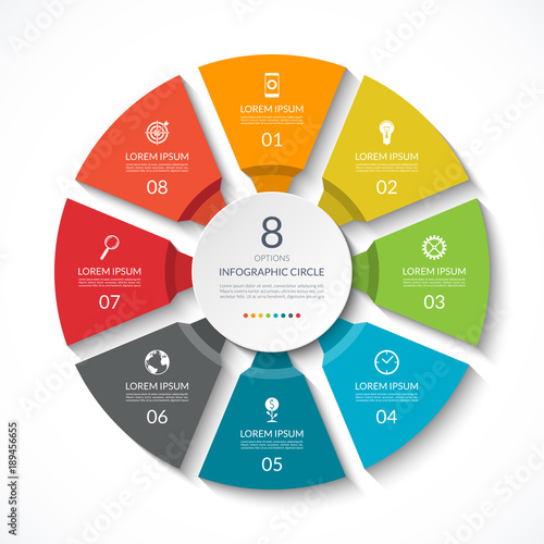 Infographic circle. Process chart. Vector diagram with 8 options. Can be used for graph, presentation, report, step options, web design.