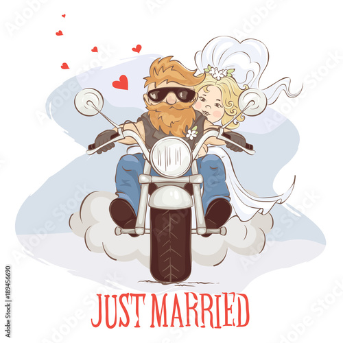 Wedding bikers / Vector illustration, postcard -- just married on a motorcycle