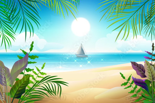 Paradise tropical beach landscape. Coastline, palm leaves, blue sea and sky © orensila