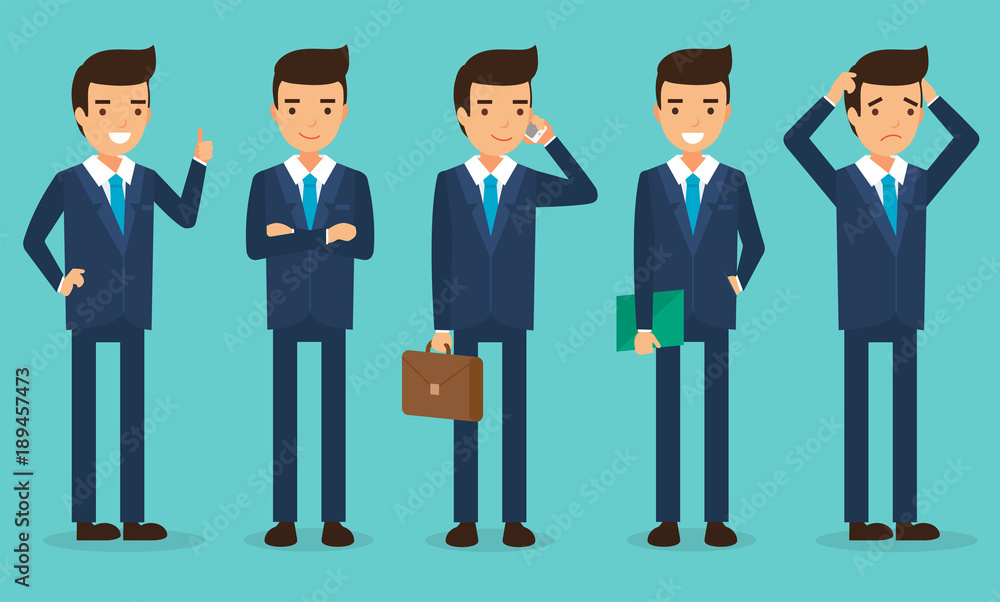Businessman character in flat style, man wearing suit in different poses, happy and sad, set of characters vector illustration template Businessman character in flat style, man wearing suit in different poses, happy and sad, set of characters vector illustration template