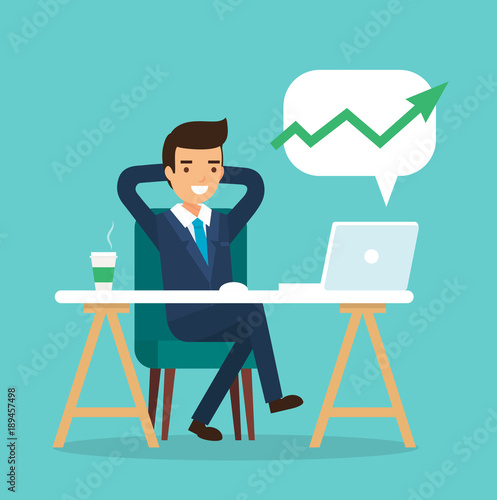 Happy businessman character in flat style, man wearing suit sitting at the computer relaxed. Business going up. Vector illustration template