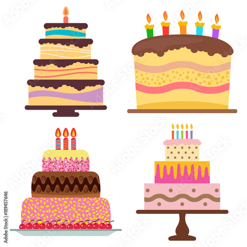 Set of four sweet birthday cake with burning candles. Colorful holiday dessert. Vector celebration background.
