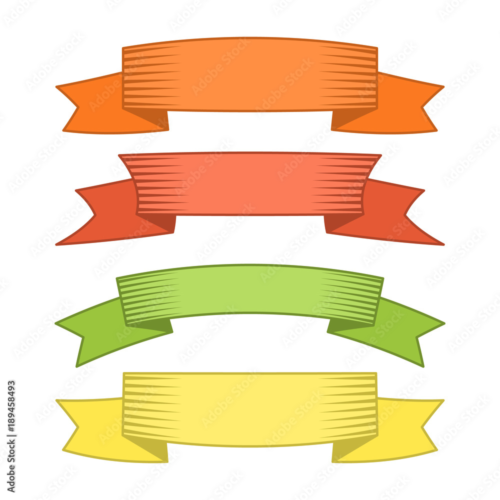 Set of four multicolor ribbons and banners for web design. Great design element isolated on white background. Vector illustration.
