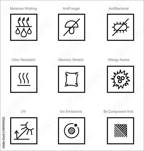 Garments fabric technology and properties vector icon set. Moisture Wicking, Anti Fungal, Anti Bacterial, Ion Emissions, Allergy Aware, Memory Stretch, Odor Resistant, UV Resistant