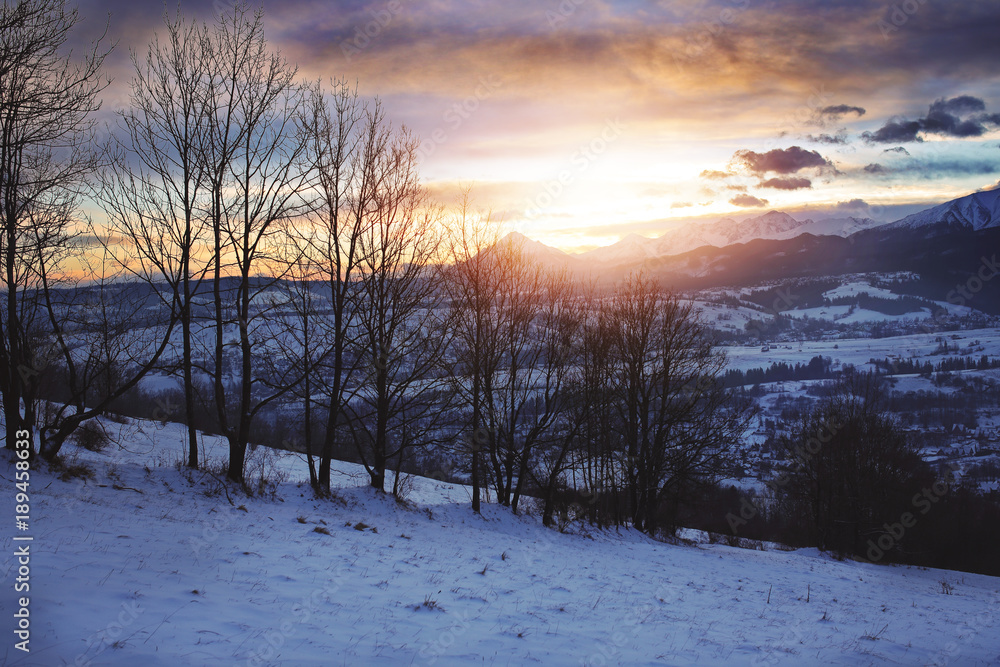 beautiful sunrise on a mountain slope