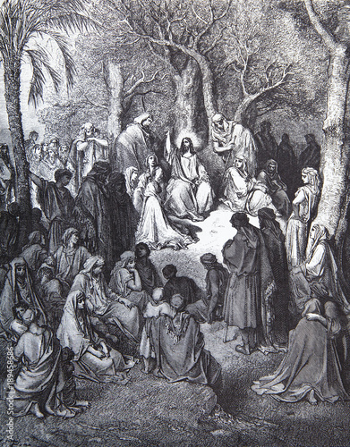 Jesus sermon on the mount, graphic art from Gustave Dore published in The Holy Bible. photo