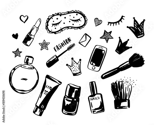 Hand drawn set of fashionable cosmetics, perfume, phone, crowns, stars and hearts and others. Objects isolated on white. Beauty vector illustration