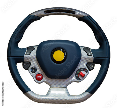 Leather sport steering wheel with red button and different selectors on isolated on a white background © Media_Works