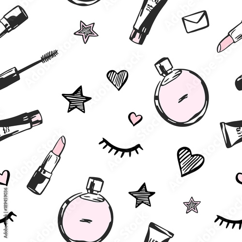 Vector fashion seamless pattern. Hand drawn fashion illustration with cosmetics, perfume, lipstick and others. Objects isolated on white. Beauty vector illustration.