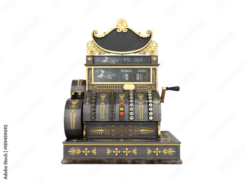 Old vintage cash register 3d render on white background no shadow