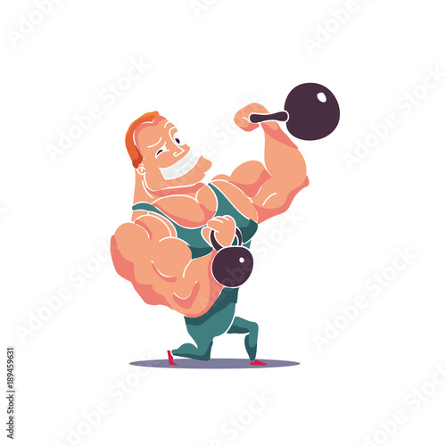 Cartoon Character Muscle man with Kettlebells. Vector
