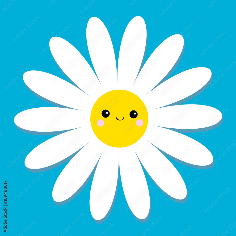 White daisy chamomile with face head. Cute flower plant collection. Love  card. Cute cartoon smiling character. Camomile icon Growing concept. Flat  design. Blue background. Stock Vector | Adobe Stock