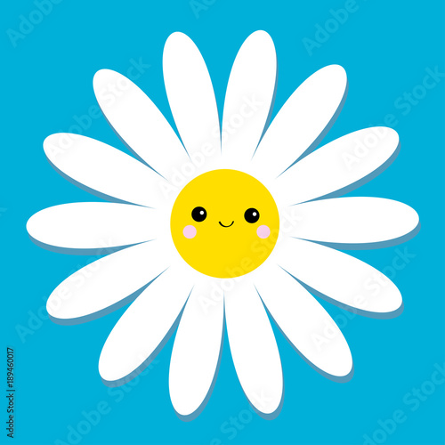 White daisy chamomile with face head. Cute flower plant collection. Love card. Cute cartoon smiling character. Camomile icon Growing concept. Flat design. Blue background. © worldofvector
