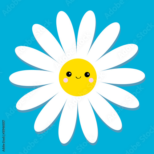 White daisy chamomile with face head. Cute flower plant collection. Love card. Cute cartoon smiling character. Camomile icon Growing concept. Flat design. Blue background.