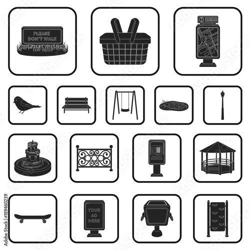 Park, equipment black icons in set collection for design. Walking and rest vector symbol stock web illustration.