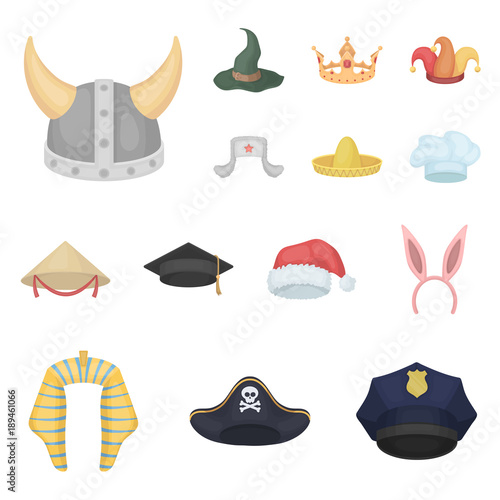 Different kinds of hats cartoon icons in set collection for design.Headdress vector symbol stock web illustration.