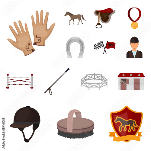 Hippodrome and horse cartoon icons in set collection for design. Horse Racing and Equipment vector symbol stock web illustration.