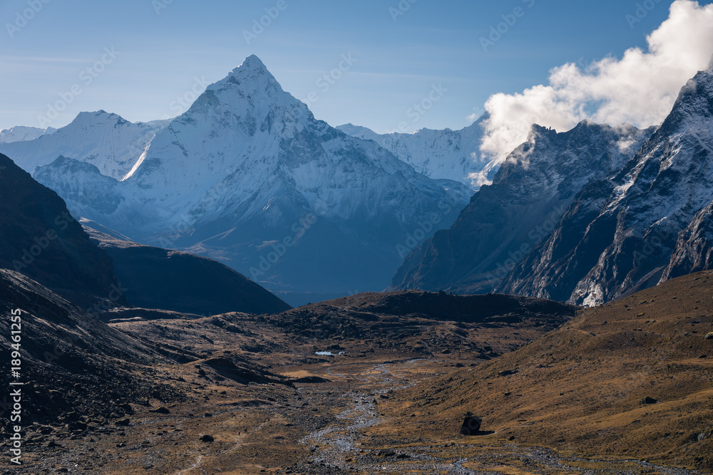 Ama Dablam mountain peak view from Chola pass, Himalaya mountains range, Nepal
