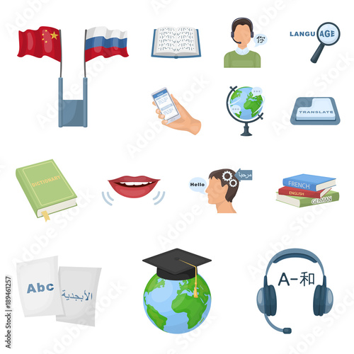 Translator and linguist cartoon icons in set collection for design. Interpreter vector symbol stock web illustration.