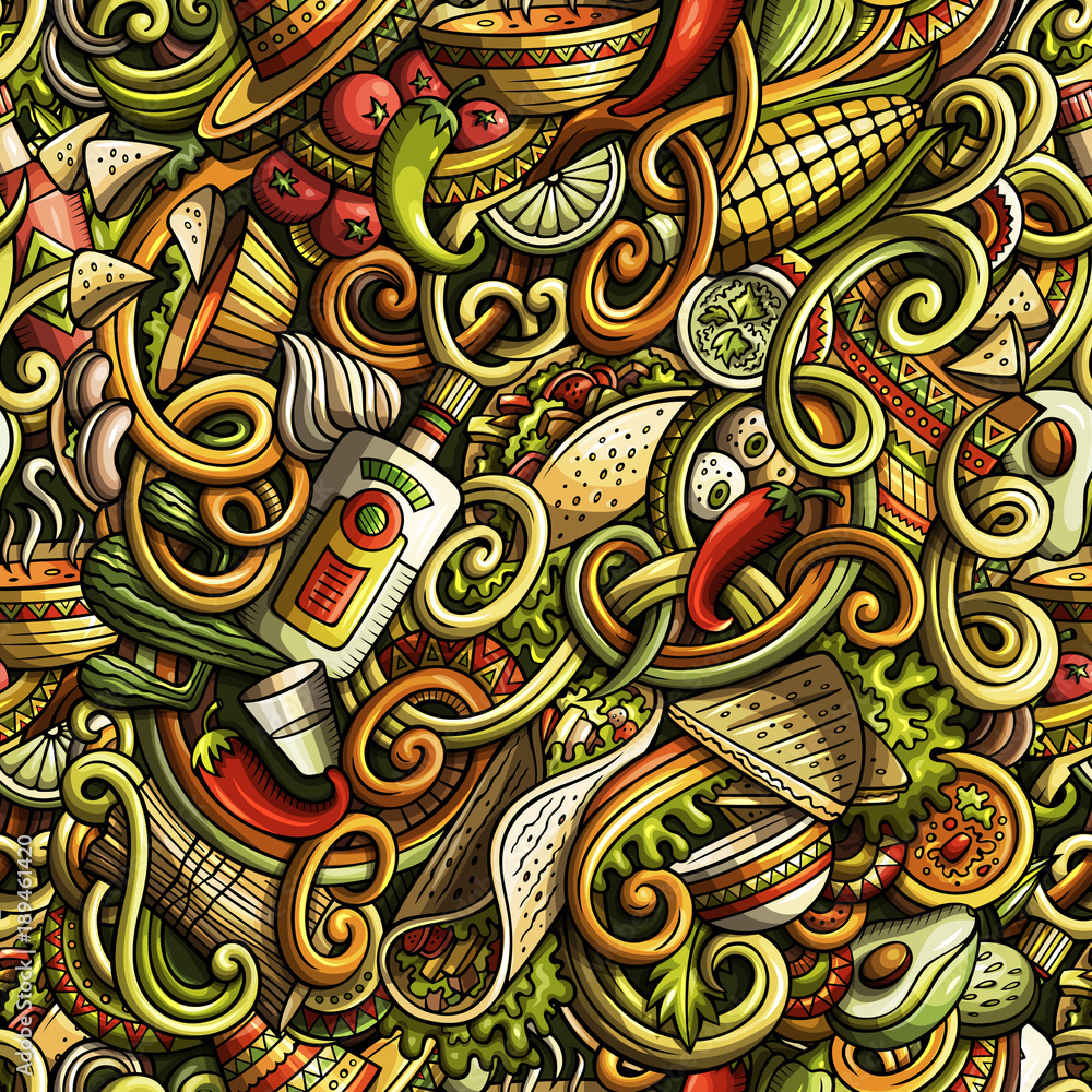 Cartoon mexican food doodles seamless pattern Cartoon mexican food doodles seamless pattern