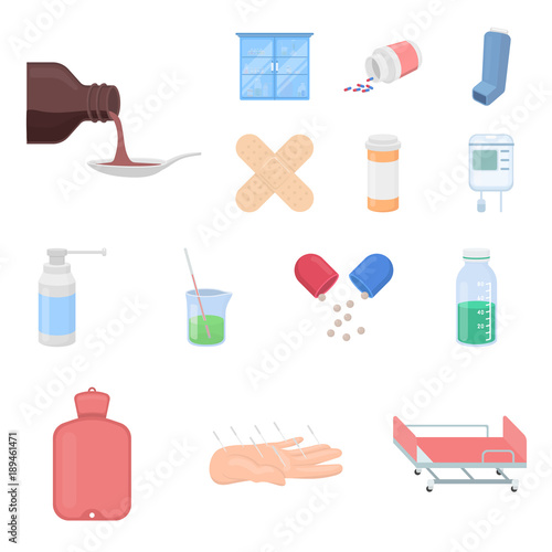 Medicine and treatment cartoon icons in set collection for design. Medicine and equipment vector symbol stock web illustration.