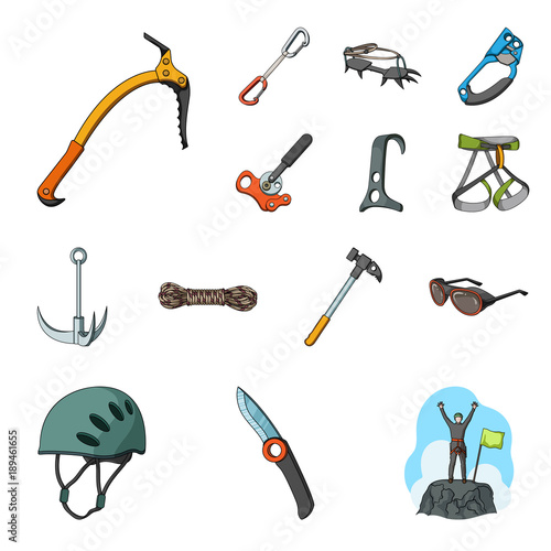 Mountaineering and climbing cartoon icons in set collection for design. Equipment and accessories vector symbol stock web illustration.
