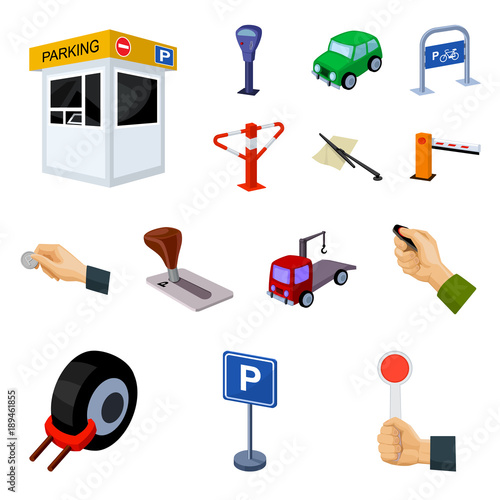Parking for cars cartoon icons in set collection for design. Equipment and service vector symbol stock web illustration.