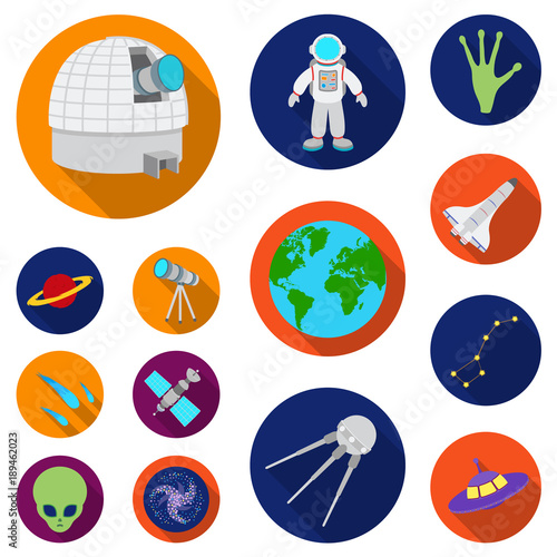 Space technology flat icons in set collection for design.Spacecraft and equipment vector symbol stock web illustration.