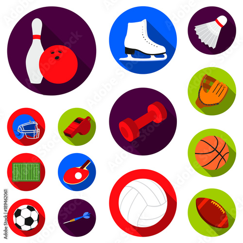 Different kinds of sports flat icons in set collection for design. Sport equipment vector symbol stock web illustration.