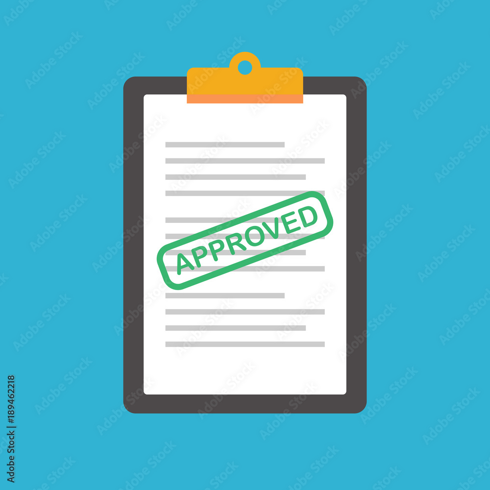 Clipboard with text document and approved stamp on it. Vector illustration in flat style. Clipboard with text document and approved stamp on it. Vector illustration in flat style.