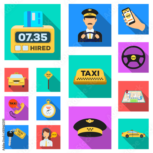 Taxi service flat icons in set collection for design. Taxi driver and transport vector symbol stock web illustration.