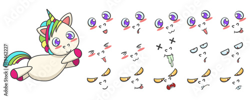 Vector set of flying unicorn with different face emotions. Cute cartoon illustration
