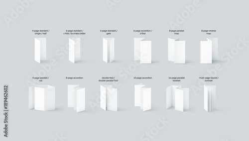 Blank flyers and booklets mockups types set with names, isolated, 3d rendering. Clear empty brochures mock ups spreadsheet. White leaflets and business letters for printing.