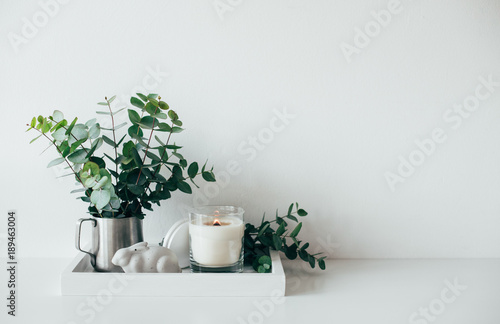 Natural eco home decor with green leaves and burning candle on t photo