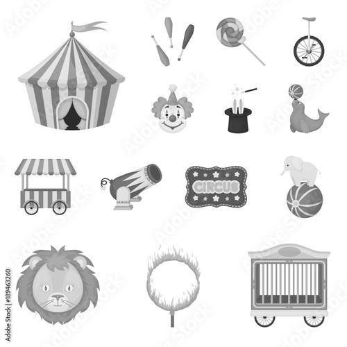 Circus and attributes monochrome icons in set collection for design. Circus Art vector symbol stock web illustration.