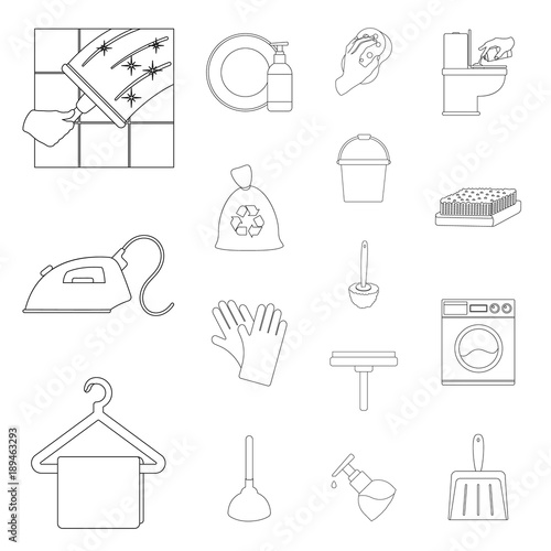 Cleaning and maid outline icons in set collection for design. Equipment for cleaning vector symbol stock web illustration.