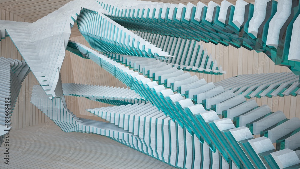 Fototapeta premium Abstract concrete and wood parametric interior with window. 3D illustration and rendering.