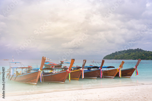 The Many Longtail Boat On Clear Blue Sea With Soft Light, Vintage Tone