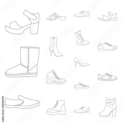 Different shoes outline icons in set collection for design. Men's and women's shoes vector symbol stock web illustration.