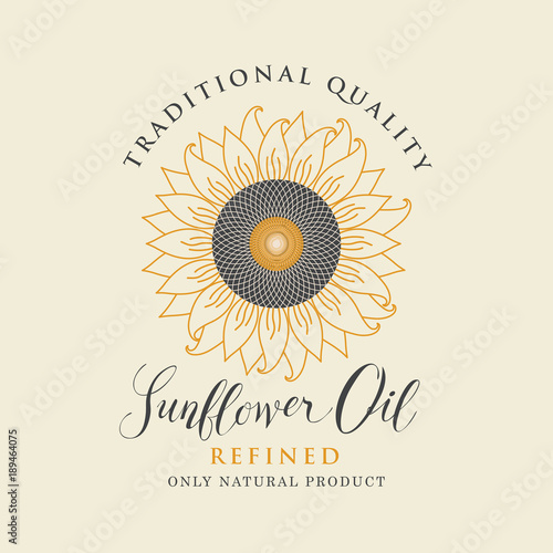 Vector label for refined sunflower oil with sunflower and handwritten inscription on a light background