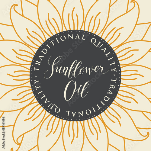 Square vector banner or label for sunflower oil with sunflower and handwritten inscription on a light background