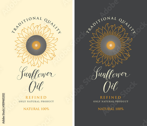 Set of two vector labels for refined sunflower oil with sunflower and handwritten inscription
