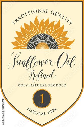 Vector label for refined sunflower oil with sunflower and handwritten inscription on light background