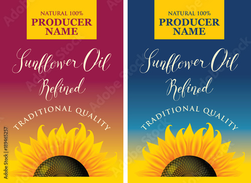 Set of two vector labels for refined sunflower oil with sunflower and calligraphy handwritten inscription on red and blue gradient background