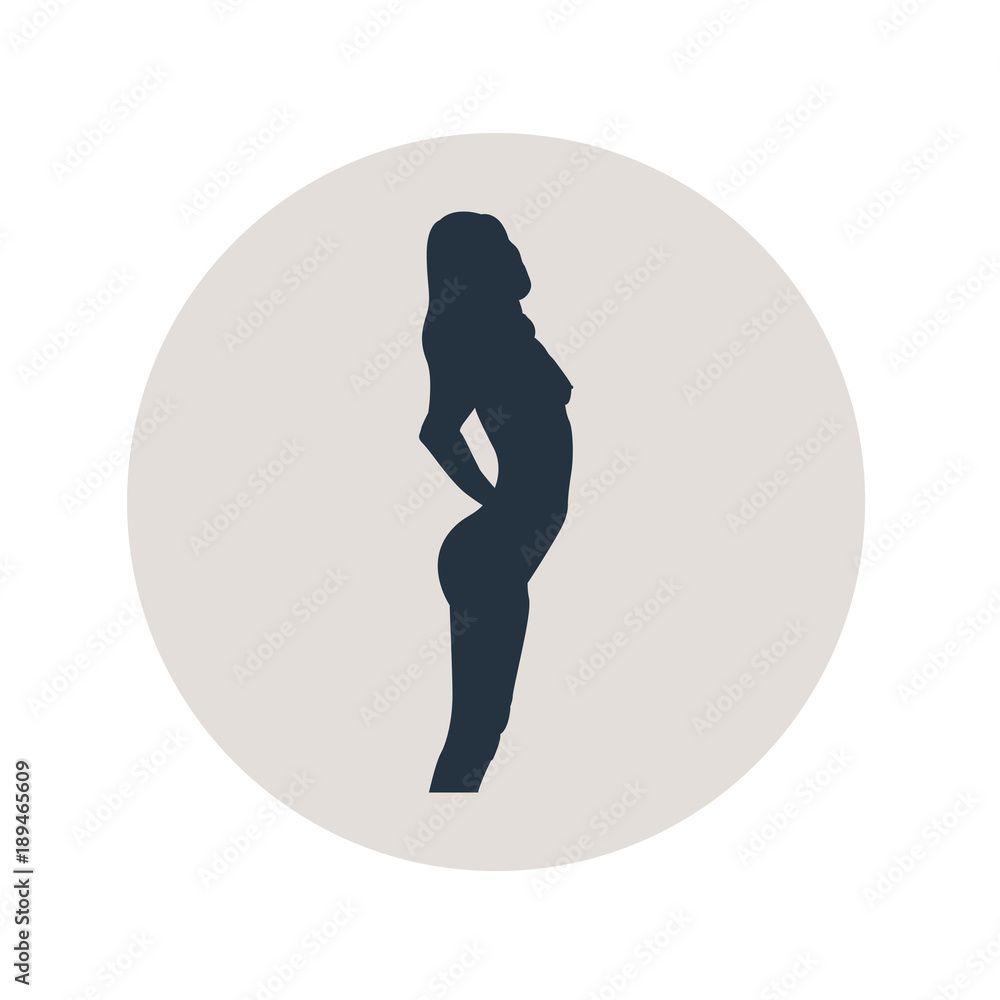 Icono plano silueta chica desnuda de pie en circulo gris Icono plano silueta chica desnuda de pie en circulo gris